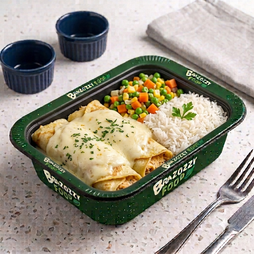 Chicken Pancake with Cheese Sauce, Rice & Veggies